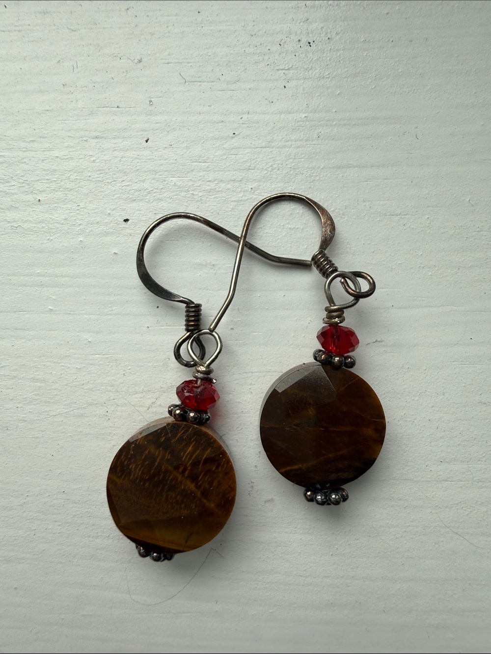 Handcrafted Brown Tiger Eye and Red Crystal Drop Earrings